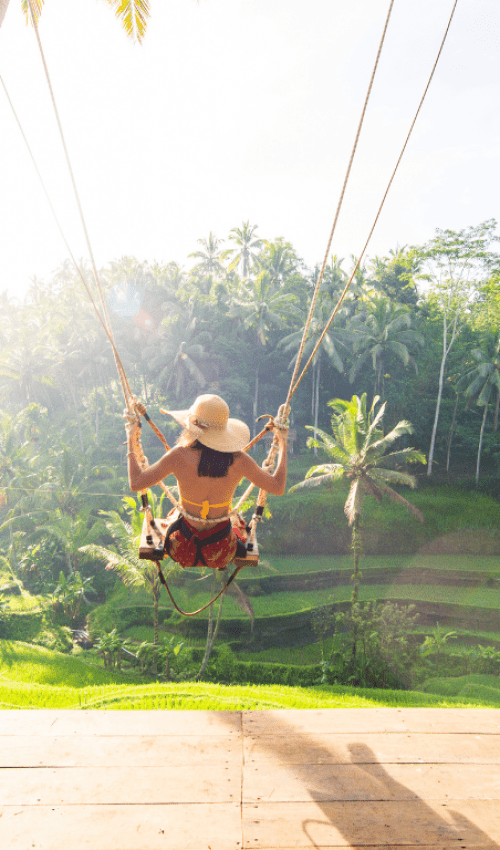 Person on Ubud Swing overlooking rice paddies, Bali, Indonesia, bathed in golden sunlight.