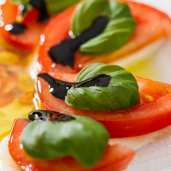 Insalata is tomato and basil on a slice of mozzarella